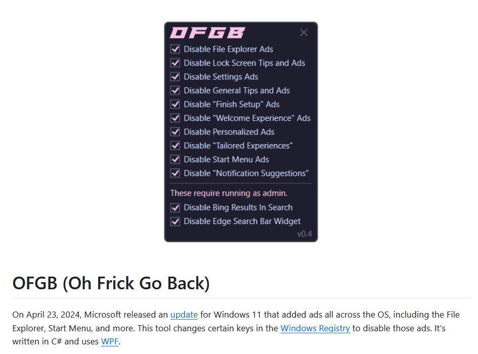 OFGB汉化版(广告滚蛋) v0.3 Windows11一键关闭广告-第1张图片-分享迷